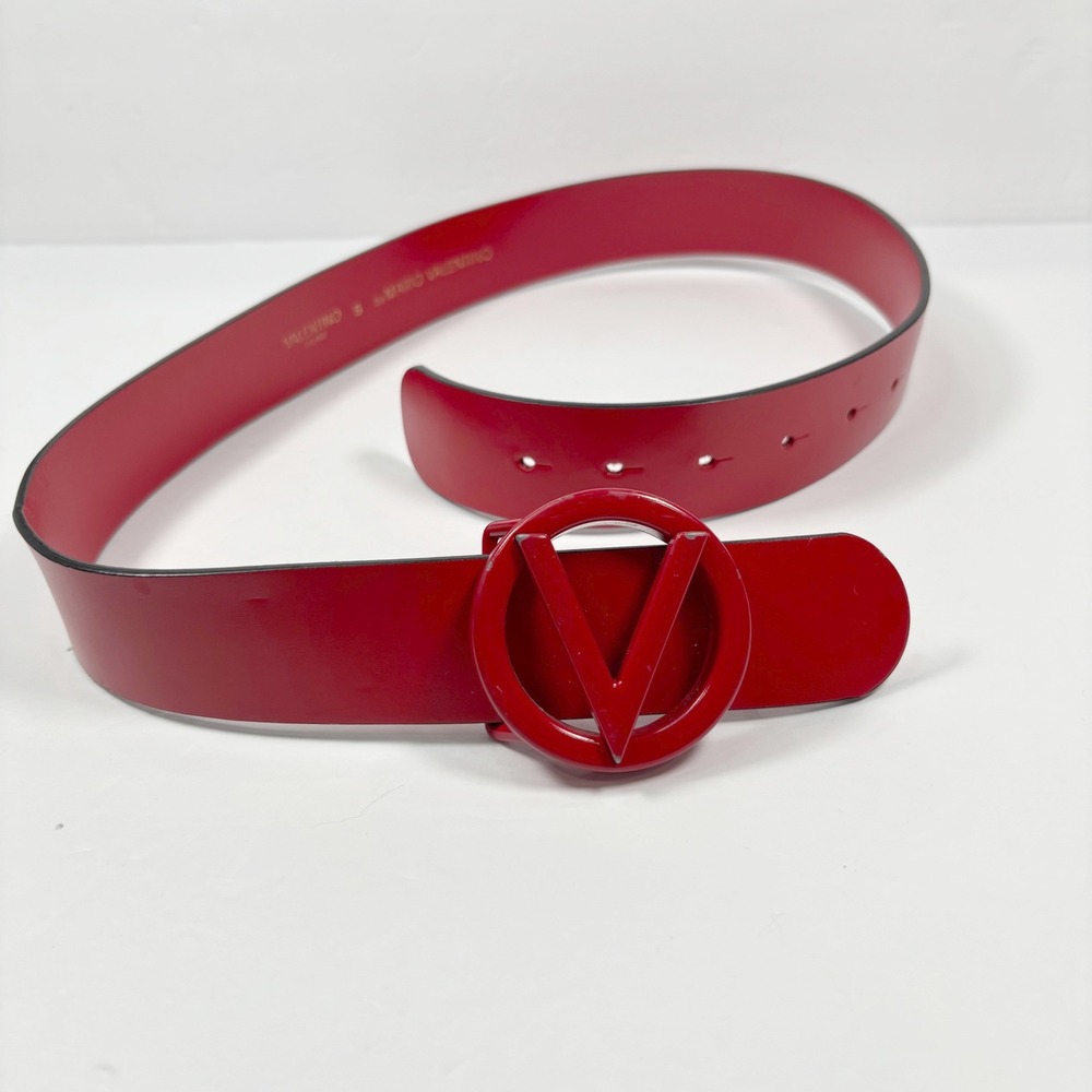 Valentino by Mario Valentino Women Small Leather Belt Red Tonal V Logo Buckle